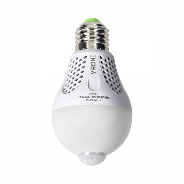 Żarówka LED E27 z czujnikiem ruchu PIR A60 7W 600LM 4000K, <20lx 60sec 10m