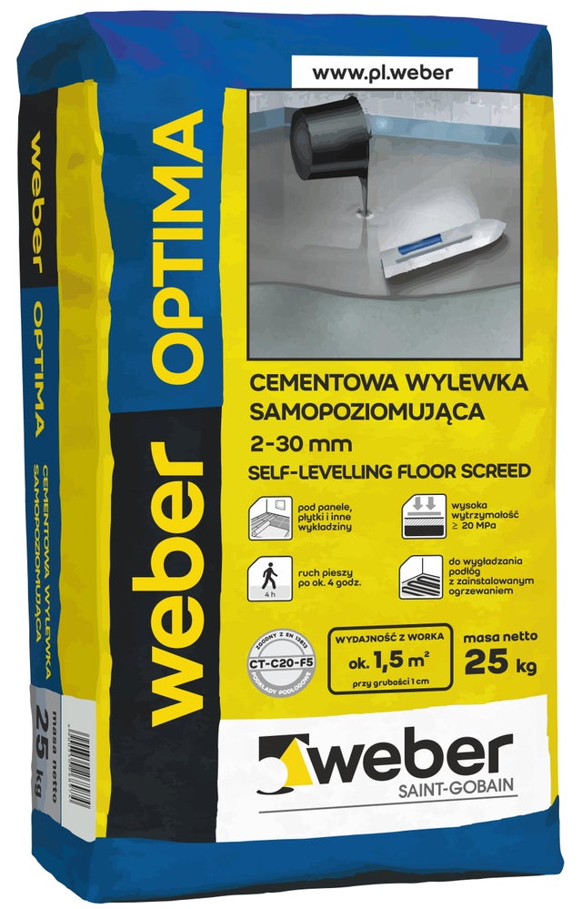 Wylewka samopoziomująca Weber Optima, CT-C20-F5 25 kg, szybkowiążąca, 2-30 mm