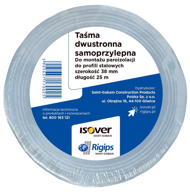 Taśma dwustronna samoprzylepna Rigips/Isover do montażu paroizolacji dł. 25 m, szer. 38 mm