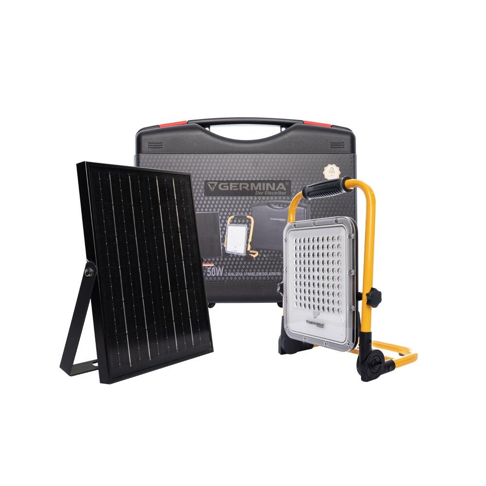 Naświetlacz akumulatorowy Herkules z walizką i panelem fotowoltaicznym zasilanie hybrydowe (solarne + z ładowarki), 50W, 1400Lm, IP65, rama z uchwytem, czas ładowania za pomocą panelu PV 6h, bateria 10000mAh, możliwość montażu na statywie - 2