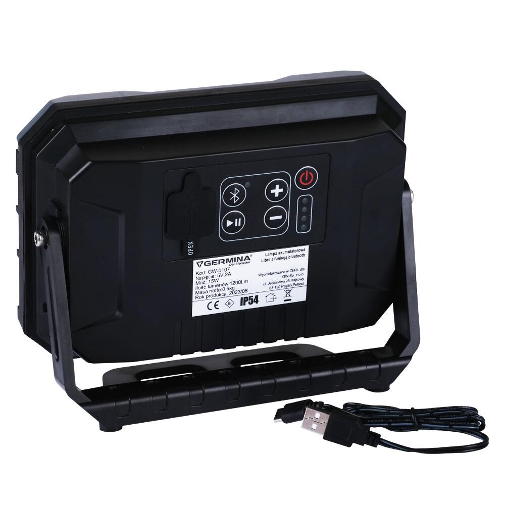 Naświetlacz akumulatorowy z głośnikiem łączenie bluetooth, zasilanie bateryjne (akumulator wbudowany), 15W, 1200Lm, IP54, bateria 6600mAh - 2