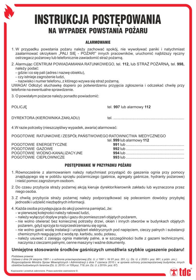 Znak informacyjny INSTRUKACJA POSTEPOWANIA W PRZYPADKU POŻARU