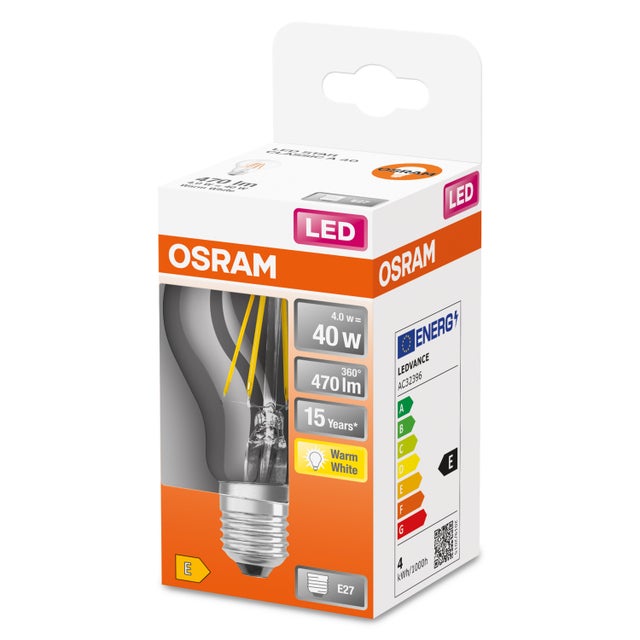 Żarówka LED typu filament E27, standardowa bańka, 4W, 470Lm, 2700K, OSRAM