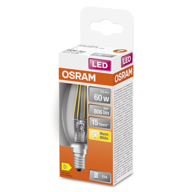 Żarówka LED typu filament E14, świeczka, 5,5W, 806Lm, 2700K, OSRAM