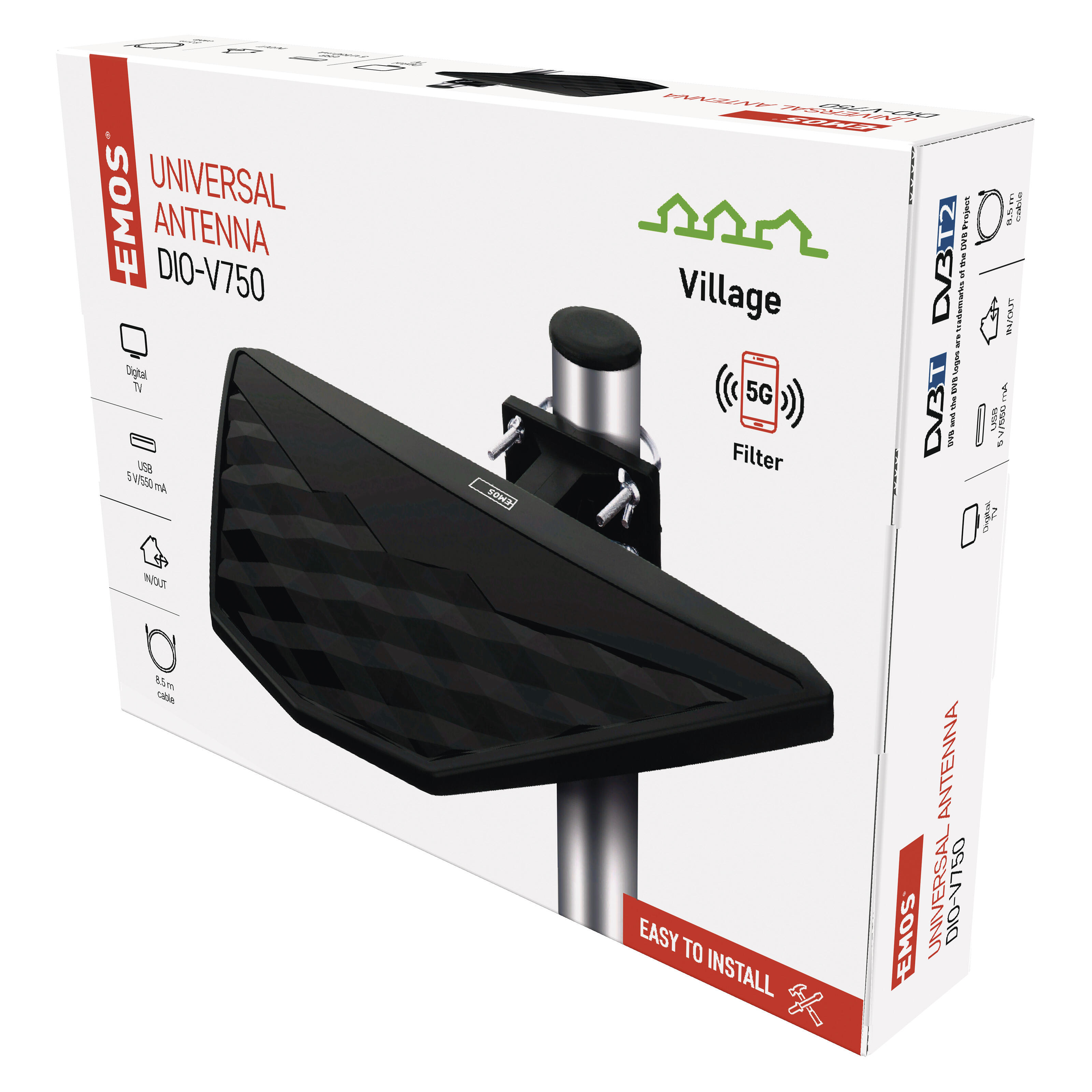 Antena uniwersalna do wewnątrz i na zewnątrz VILLAGE DIO-V750, DVB-T2, filtr LTE/4G/5G  zasięg 80 km - 2