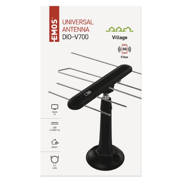 Antena uniwersalna do wewnątrz i na zewnątrz EM-DIO3, zasięg 80 km, DVB-T2, filtr LTE/4G/5G 