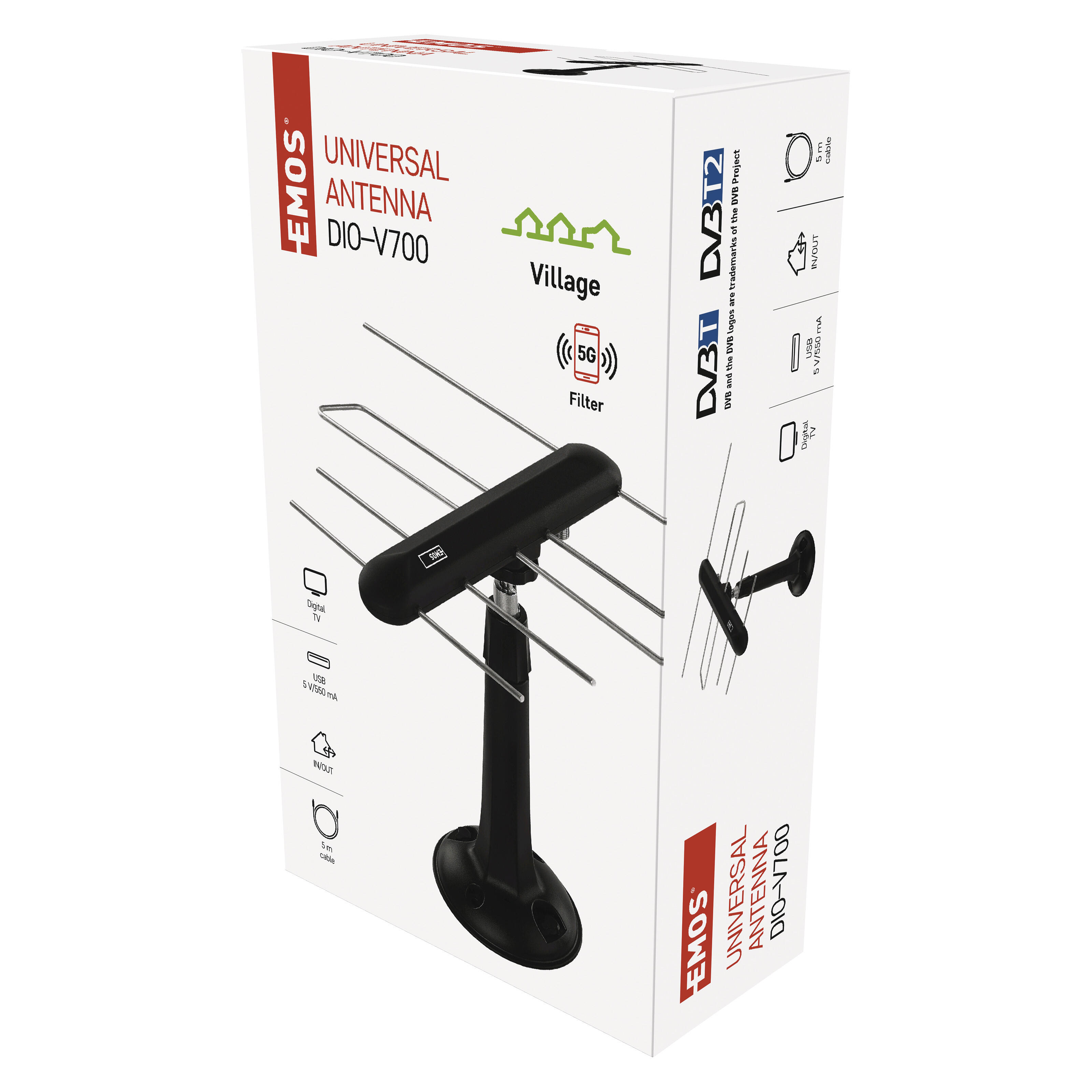 Antena uniwersalna do wewnątrz i na zewnątrz EM-DIO3, zasięg 80 km, DVB-T2, filtr LTE/4G/5G  - 2