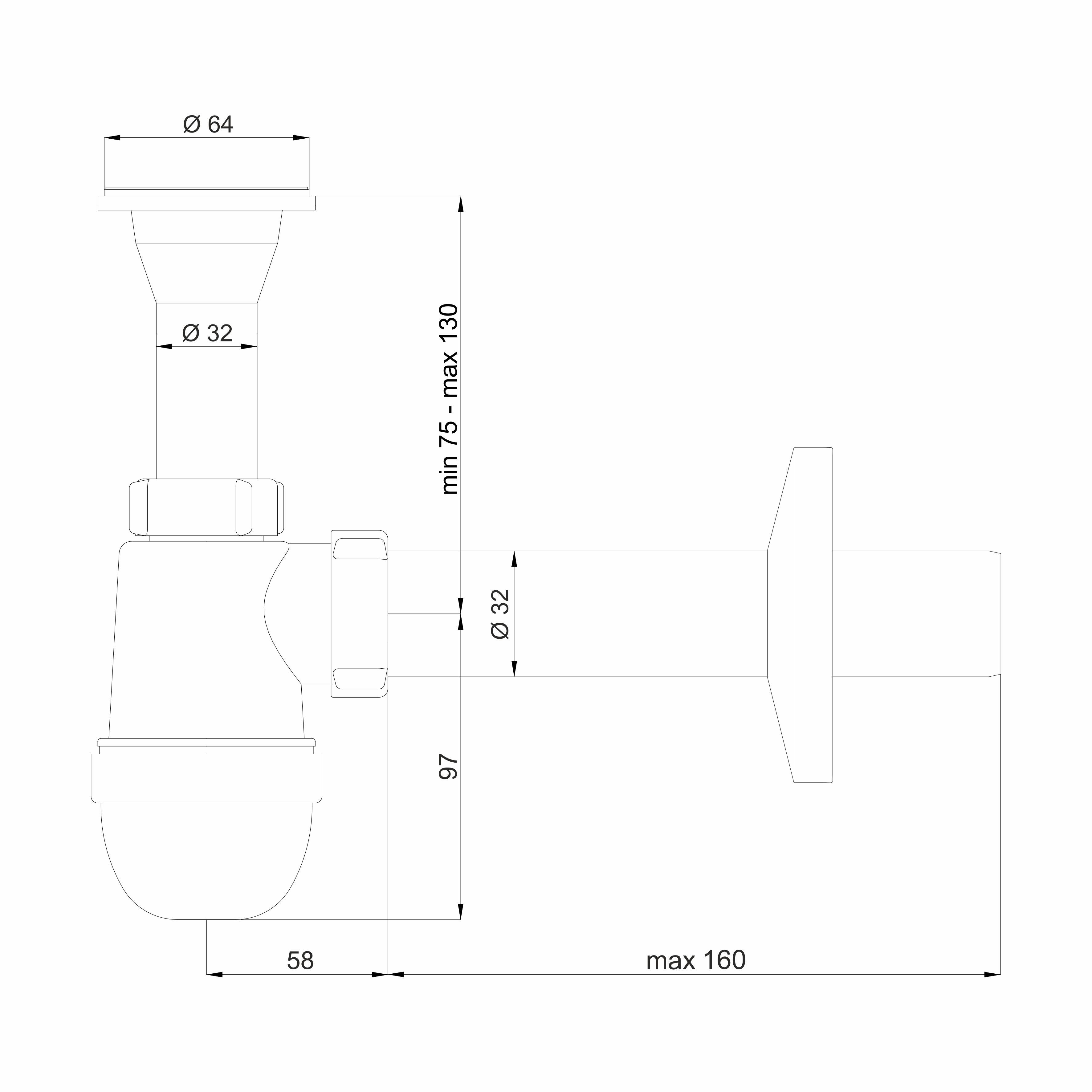 Syfon do umywalki butelkowy, metalowe sitko, odpływ: fi 32 mm - 2