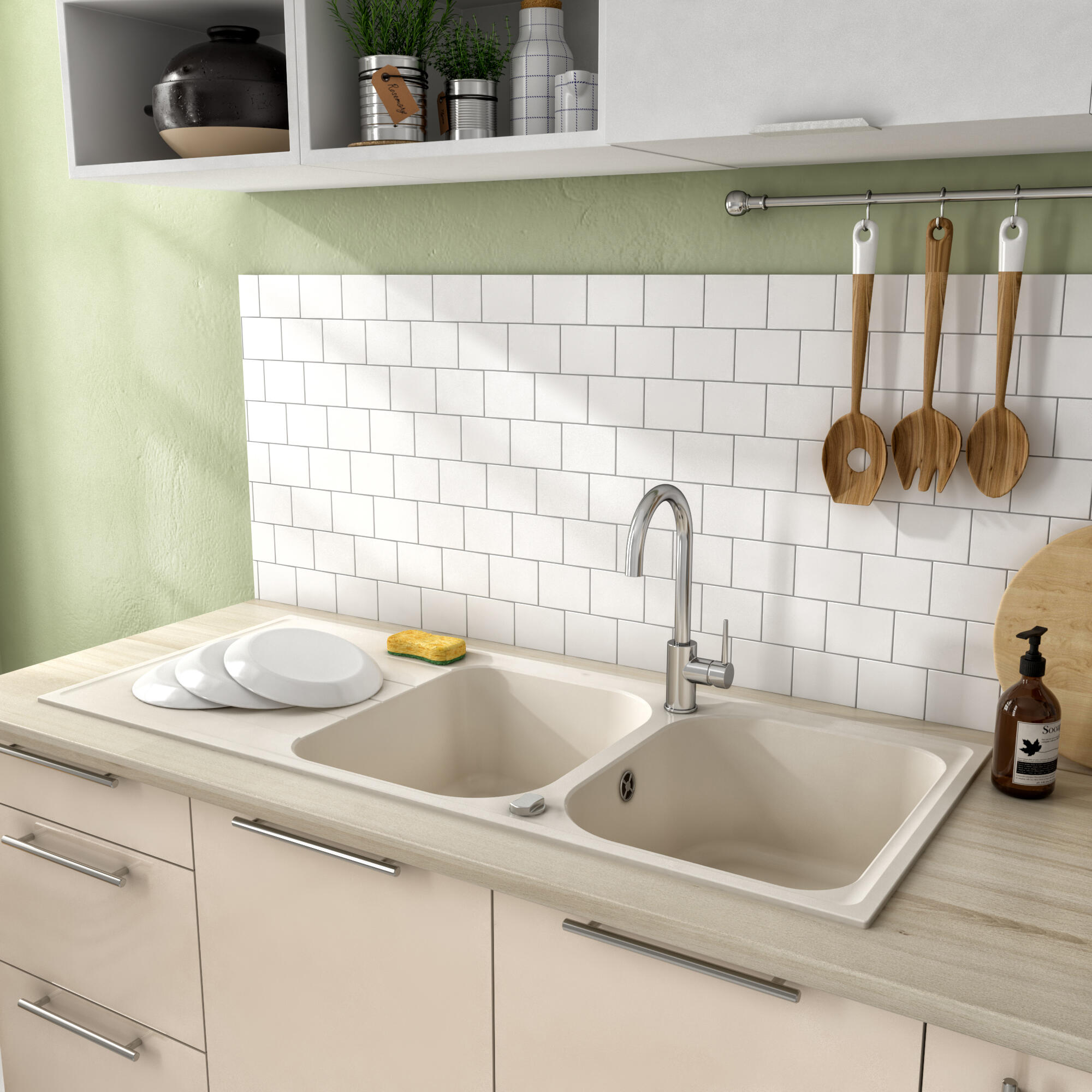 Evier à encastrer 2 bacs avec égouttoir, Quartz et résine, ELBE Blanc - 3