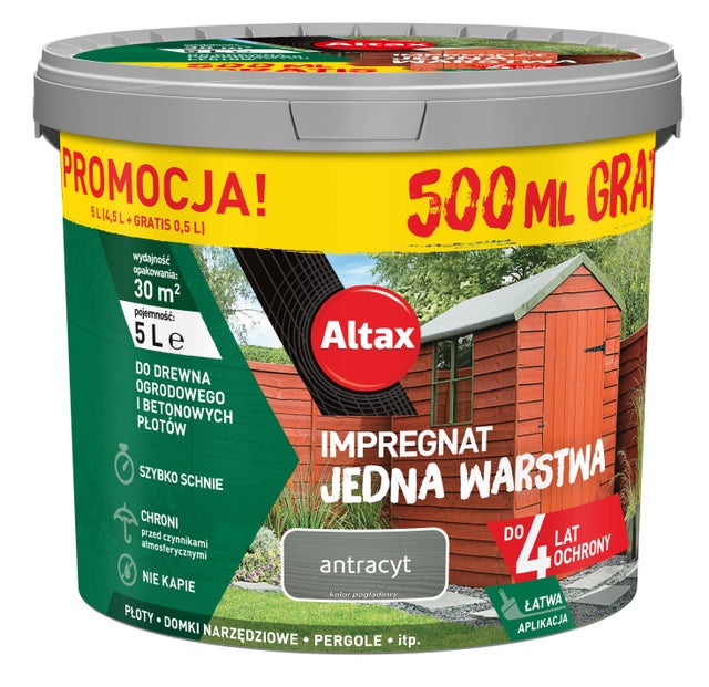 Impregnat do drewna ogrodowego Altax Jedna Warstwa Antracyt 4,5l+0,5l