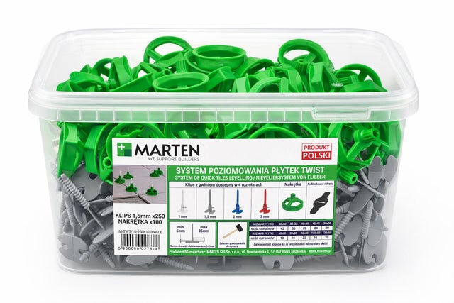 Marten system poziomowania Twist Gwint 1,5 mm 250 sztuk + nakrętka 100 sztuk 