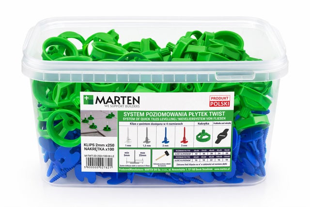 Marten system poziomowania Twist Gwint 2 mm 250 sztuk + nakrętka 100 sztuk 