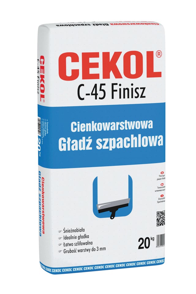 Gładź szpachlowa polimerowa Cekol C-45 Finisz 20 kg, extra biała