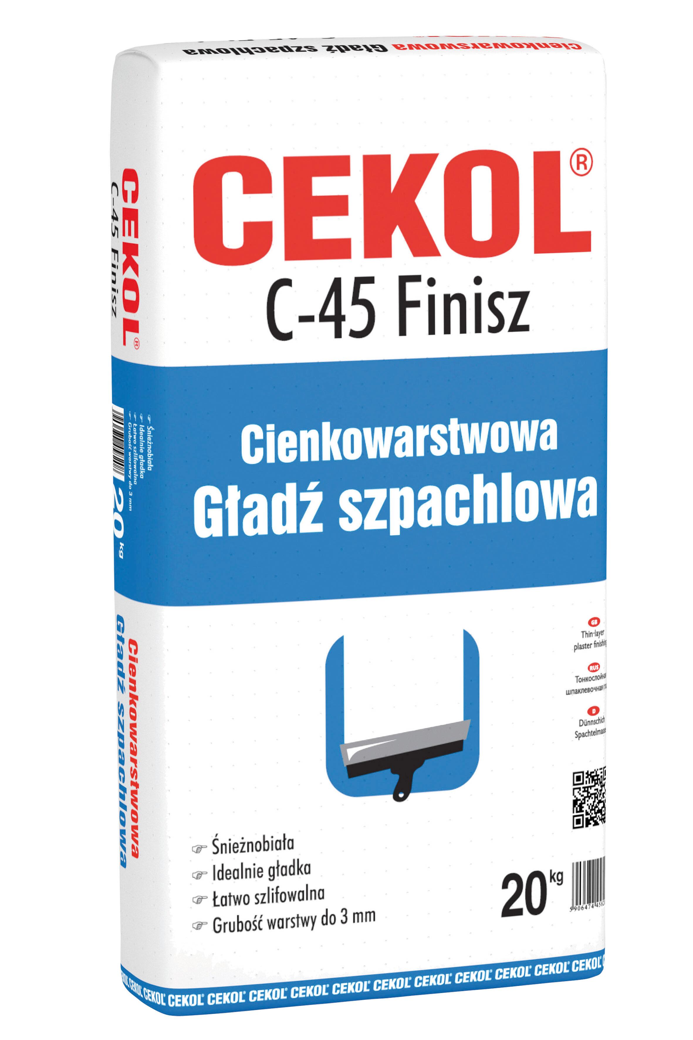 Gładź szpachlowa polimerowa Cekol C-45 Finisz 20 kg, extra biała - 2