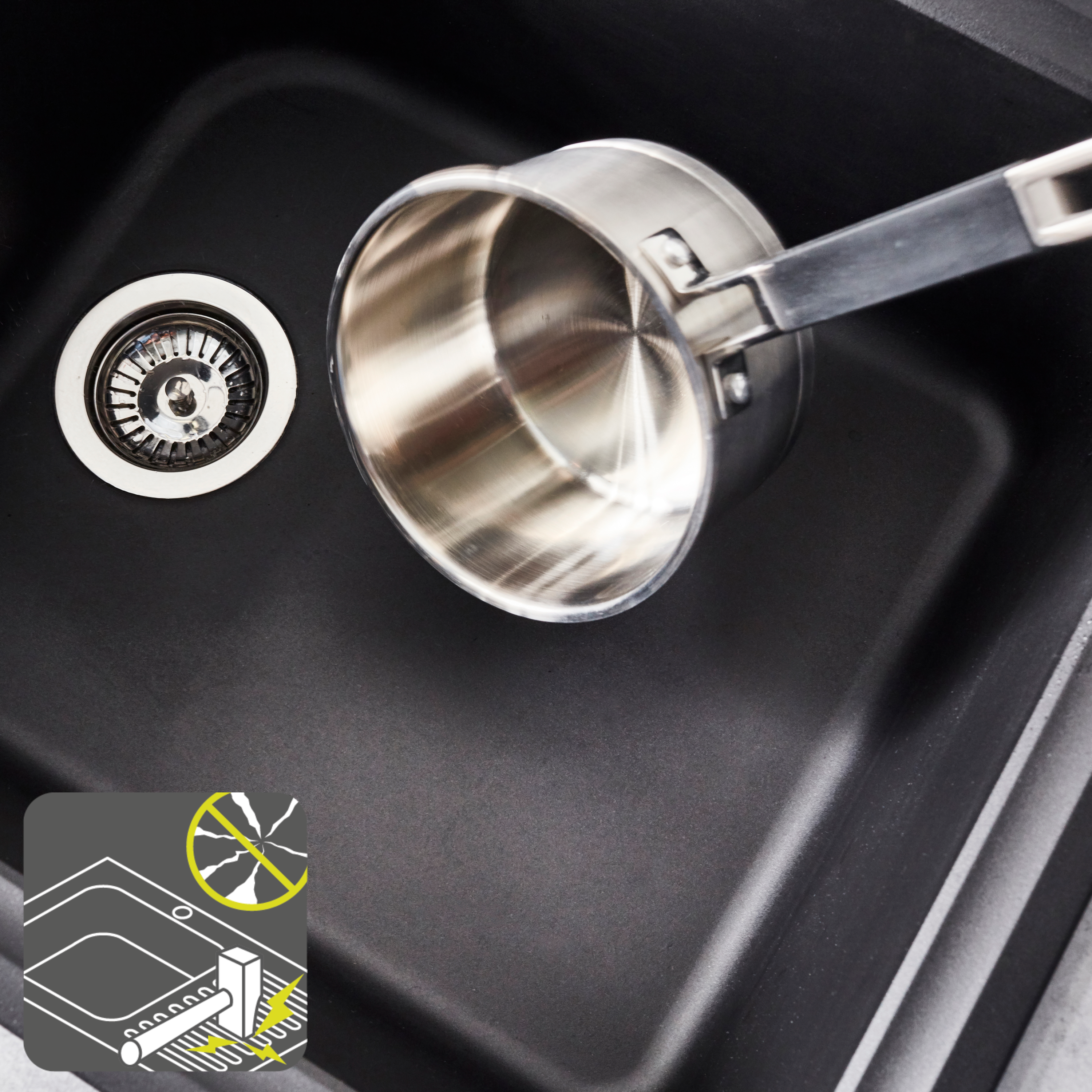 Evier à encastrer 1 grand bac avec égouttoir, Quartz et résine, ELBE Noir - 7