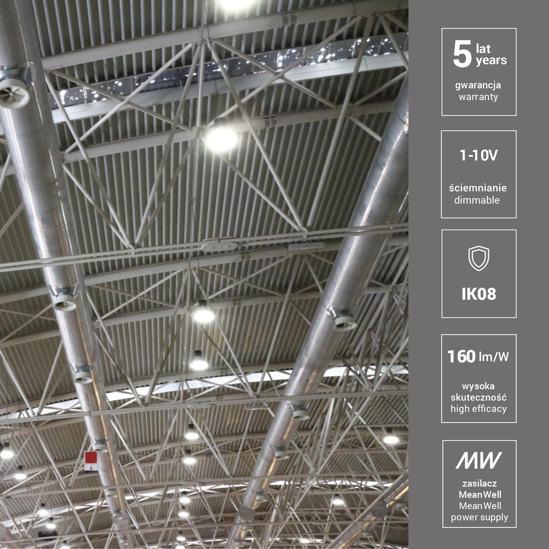Oprawa HighBay 200W, 23000Lm strumień użyteczny, 4000K, IP65, IK07, 5 lat gwarancji, diody LUMILEDS, zasilacz MW - 2