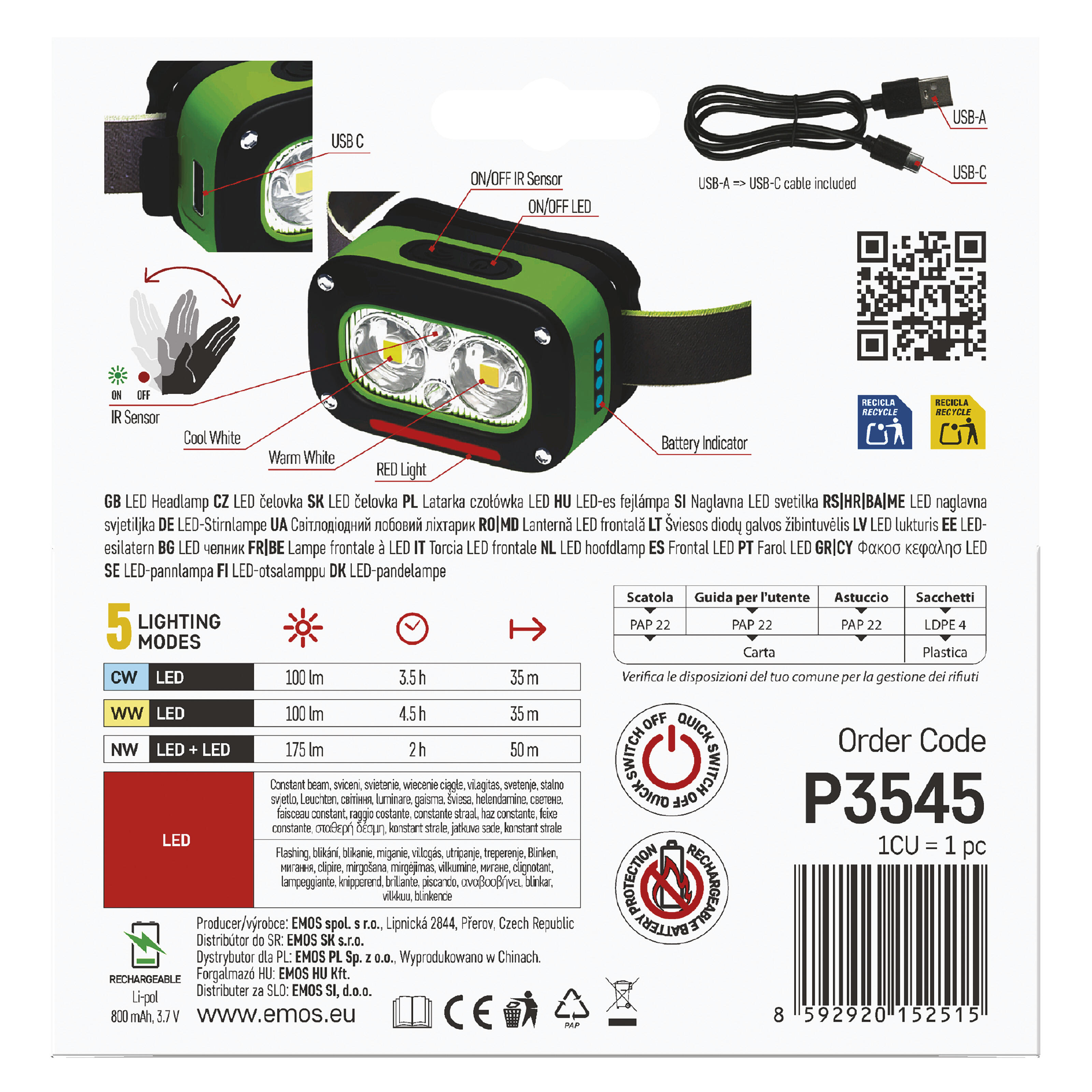 Latarka czołowa P3545 175lm 0,8 Ah USB-C IR - 3