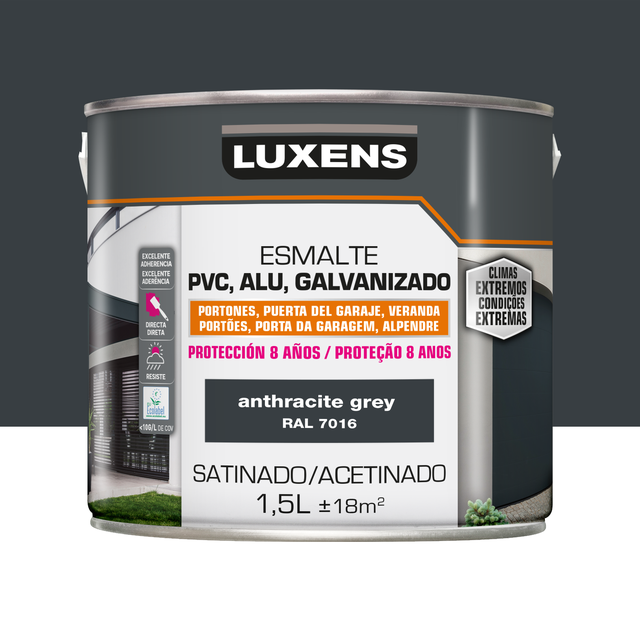 Pintura exterior color antracita gris para hierro, puerta LUXENS satinado 1.5L base agua antigoteo
