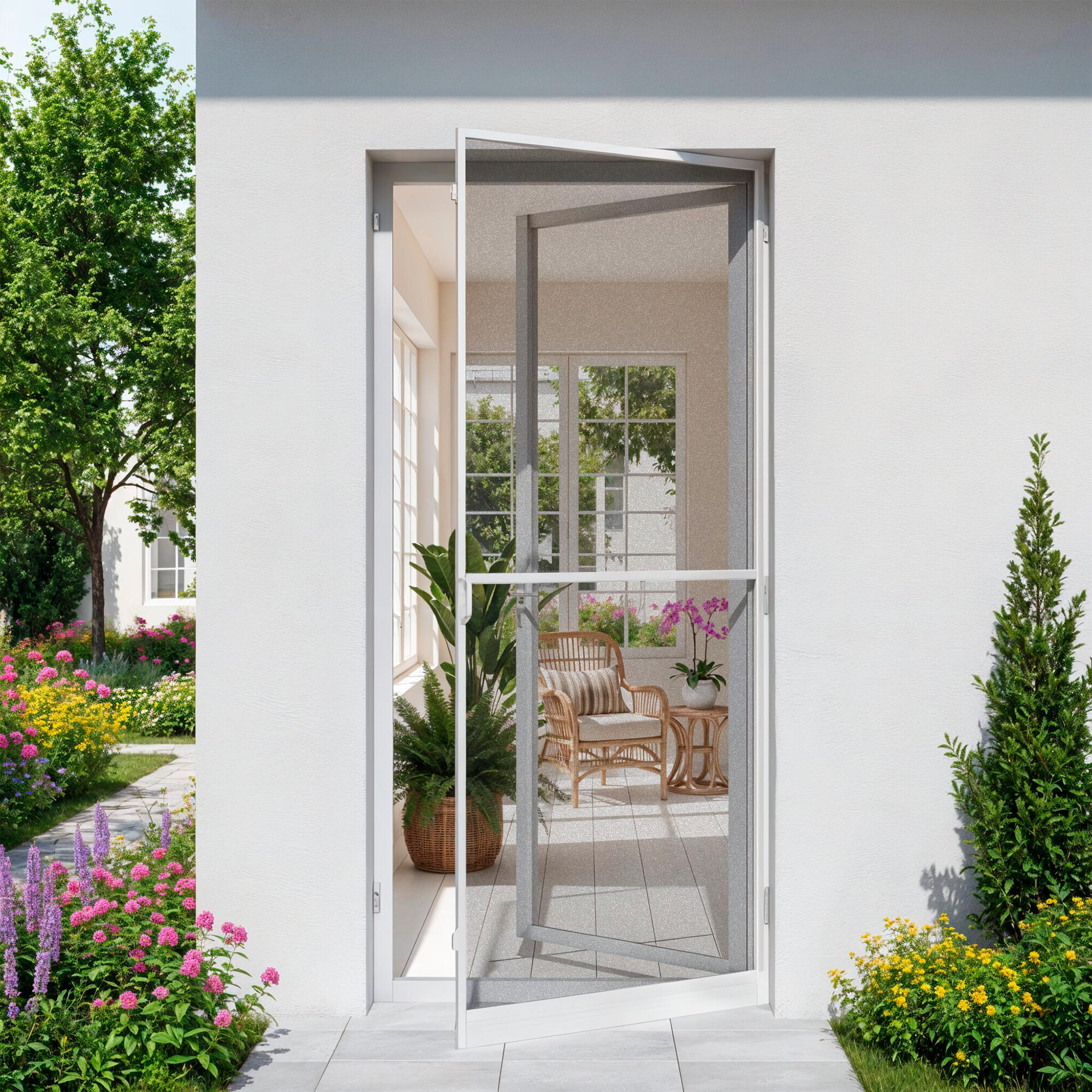 Mosquitera abatible 100x210cm 1 puerta alumino blanco recortable tela fibra de vidrio gris - 2