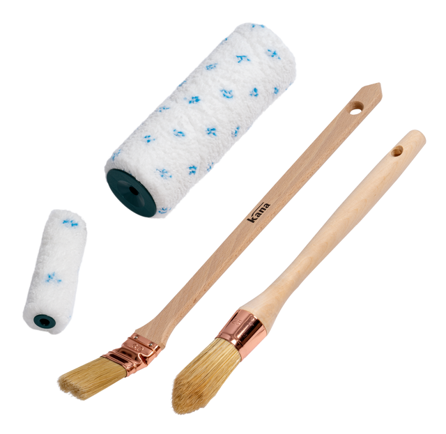 Kit à peindre : 2 manchons microfibres polyester 10mm Long.180mm et 100mm + 1 pinceau coudé sur plat 35mm + 1 pinceau à rechampir pour surfaces régulières - ROTA / KANA