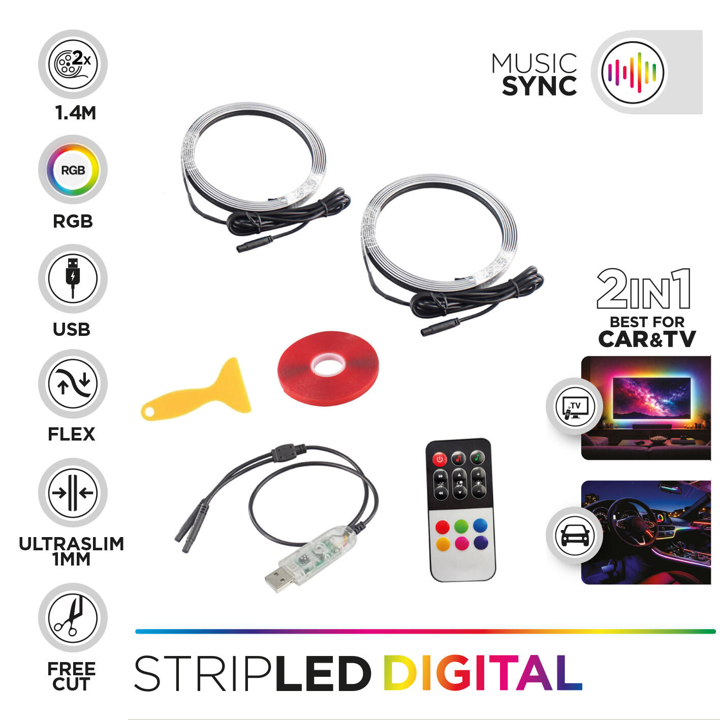 Kit striscia LED STRIPLED per interno auto 1.4 mt luce RGBIC Multicolor ...