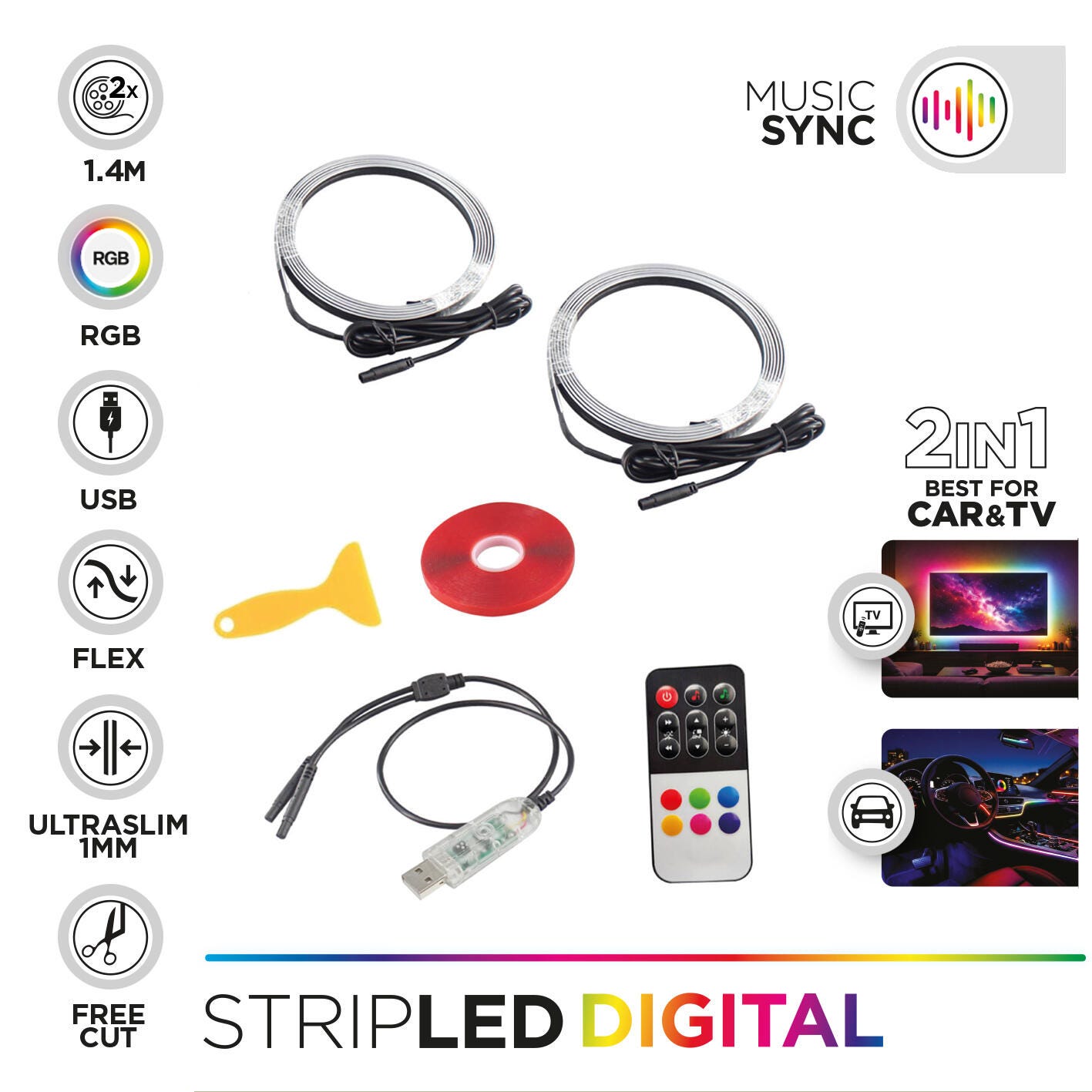 Striscia Led Per Auto Kit striscia LED STRIPLED per interno auto 1.4 mt luce RGBIC Multicolor ...