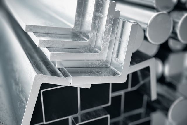 Profile stalowe i aluminiowe o różnych przekrojach ułożone w magazynie materiałów konstrukcyjnych.