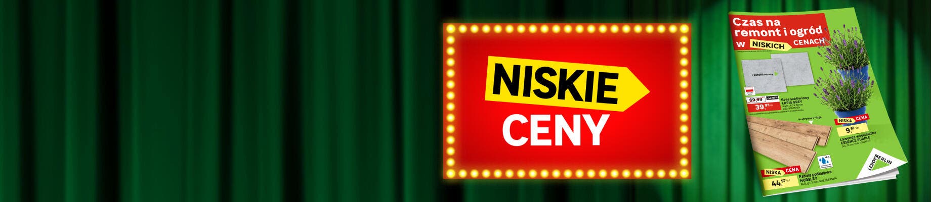 Zielona kurtyna, apla z napisem niskie ceny, okładka gazetki: "Czas na remont i ogród w niskich cenach".