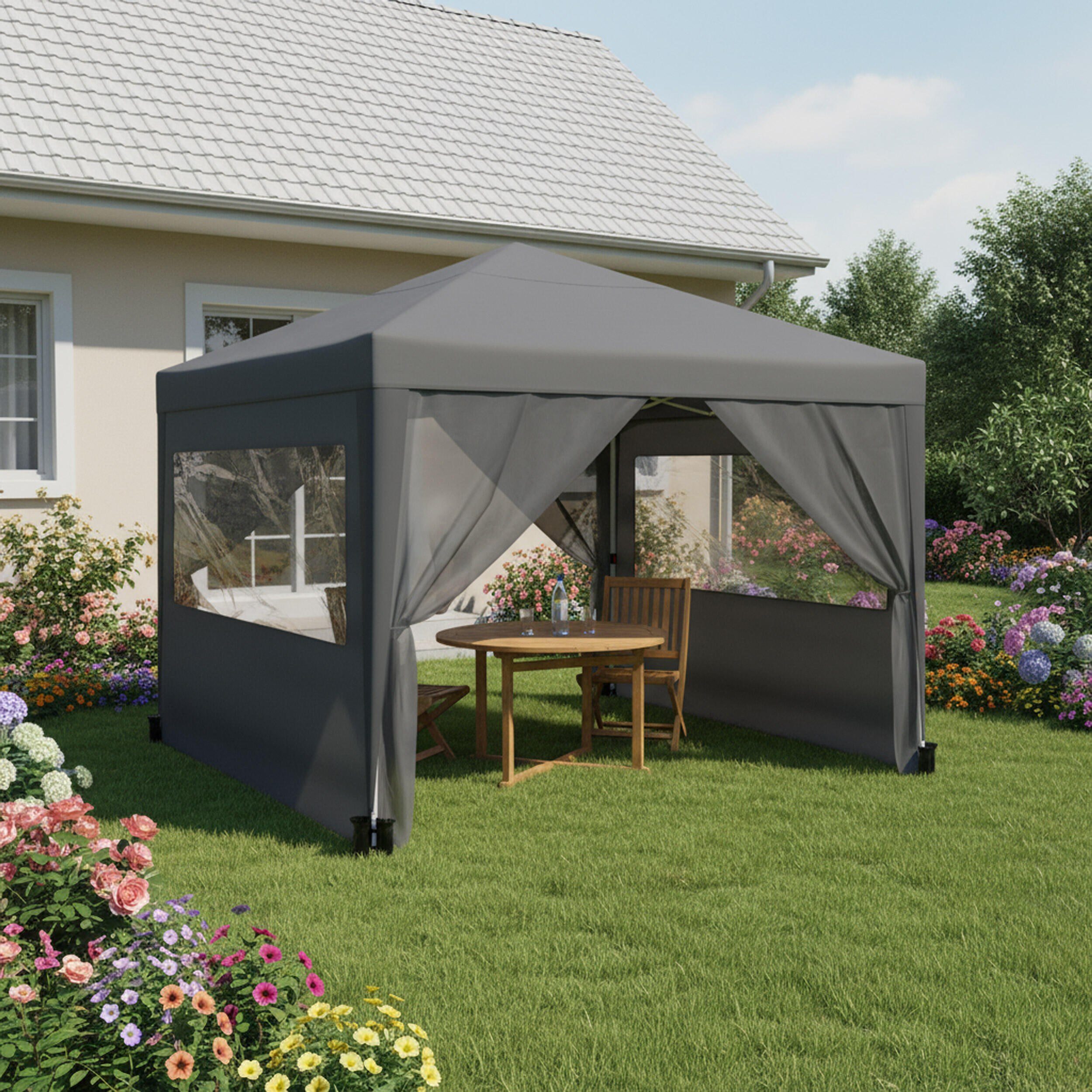 Pérgola de acero con toldo y funda de protección wasabi de 300 x 300 cm azul