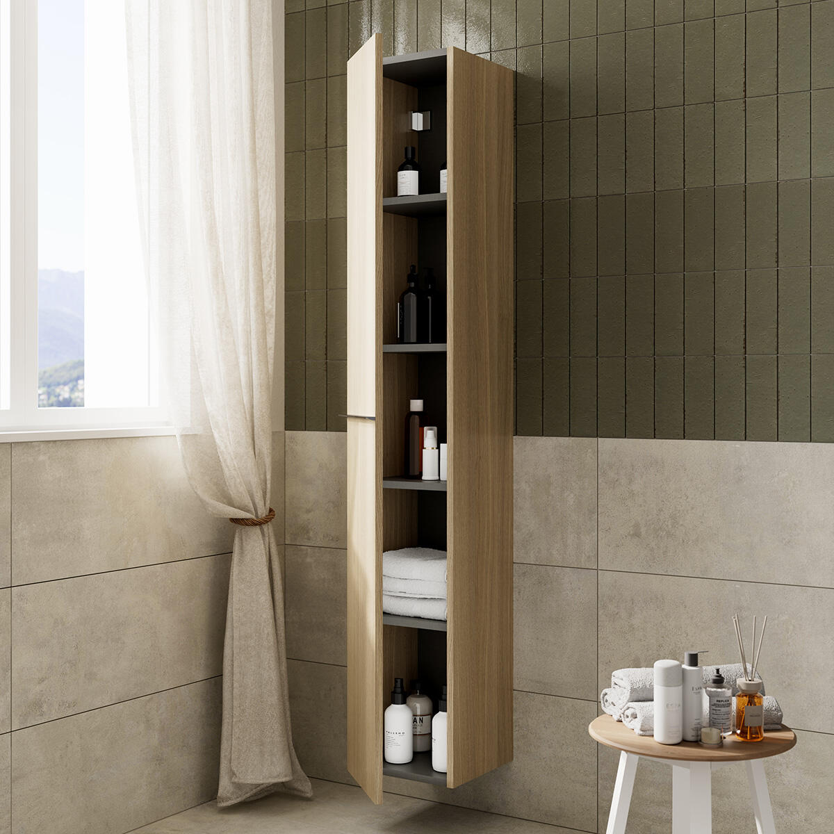 Colonna Linea L30 H180 P32 laminato rovere natura 1 anta reversibile con maniglia e 4 ripiani - 2