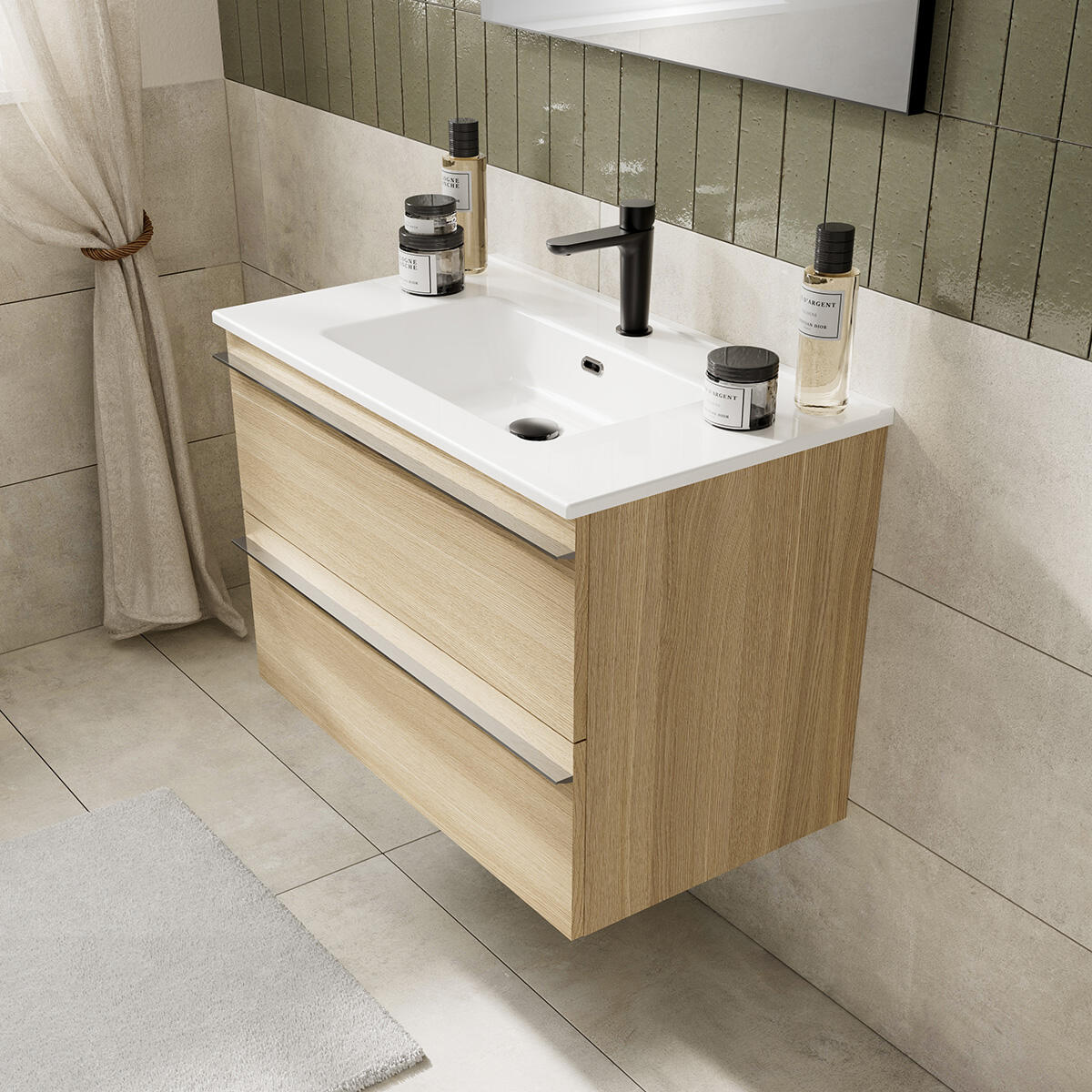 Mobile Linea L 80 H 55 P45 in laminato rovere natura 2 cassetti a chiusura ammortizzata e lavabo in ceramica vasca centrale - 3