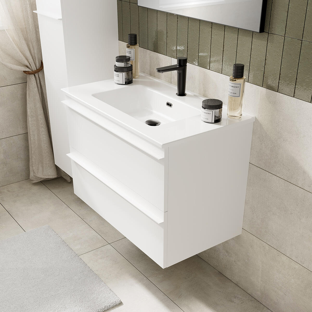 Mobile Linea L80 H55 P45 laccato bianco opaco 2 cassetti a chiusura ammortizzata e lavabo in ceramica vasca centrale - 3