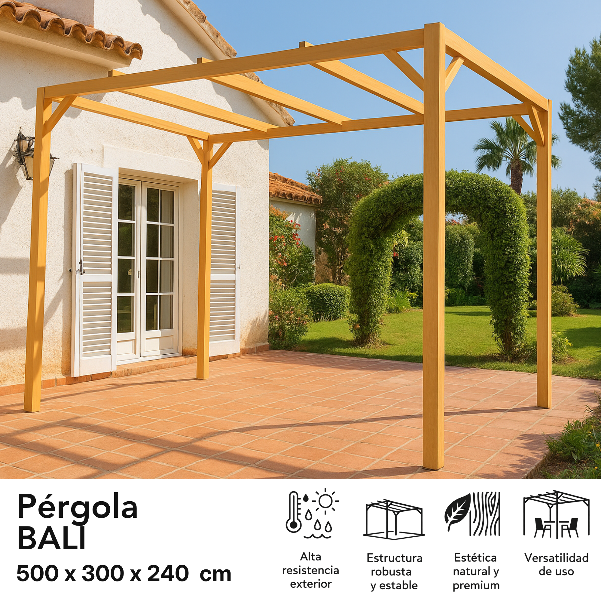 pergola de madera maciza mibawood de 300 x 500 cm marron