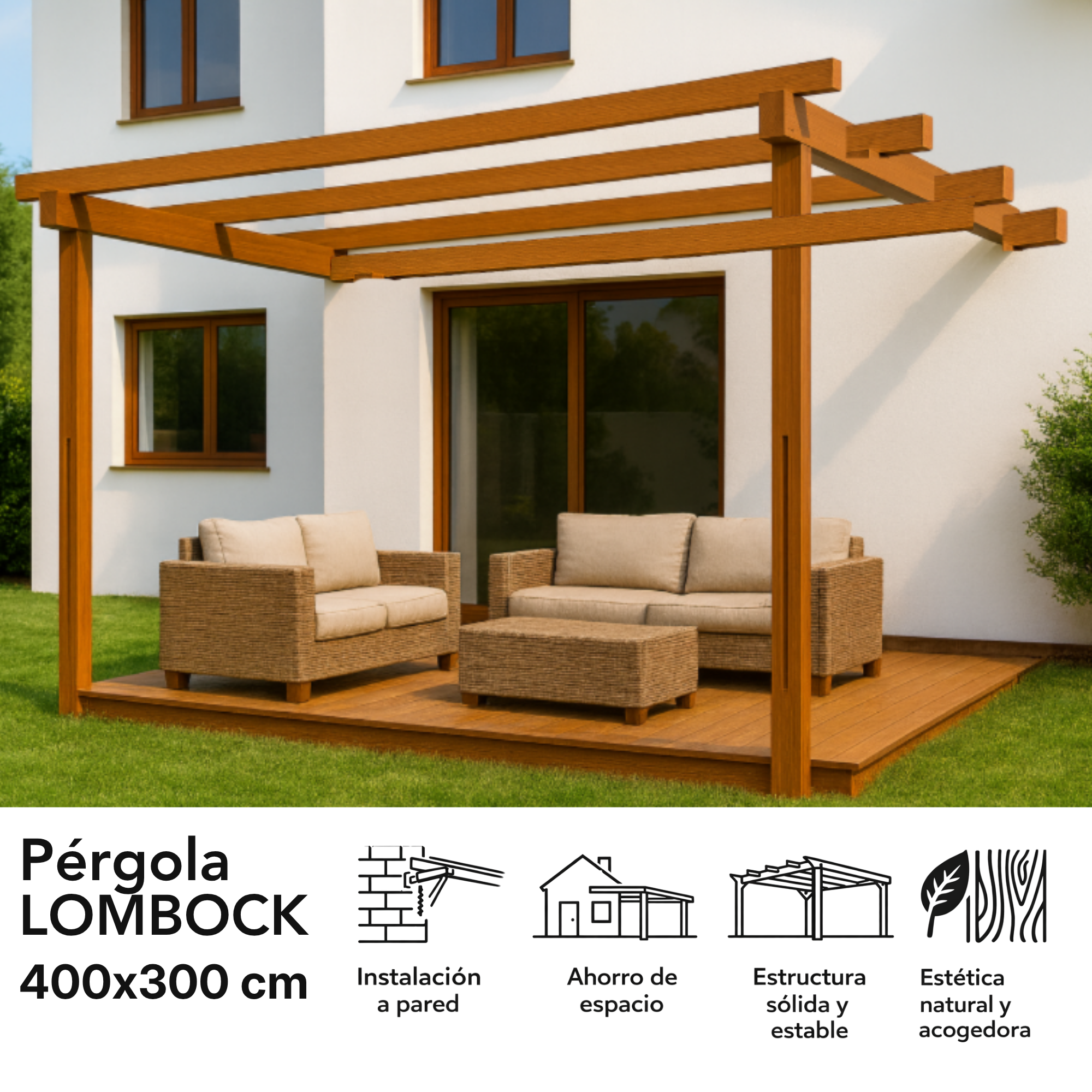 pergola de madera maciza adosada mibawood de 300 x 400 cm marron