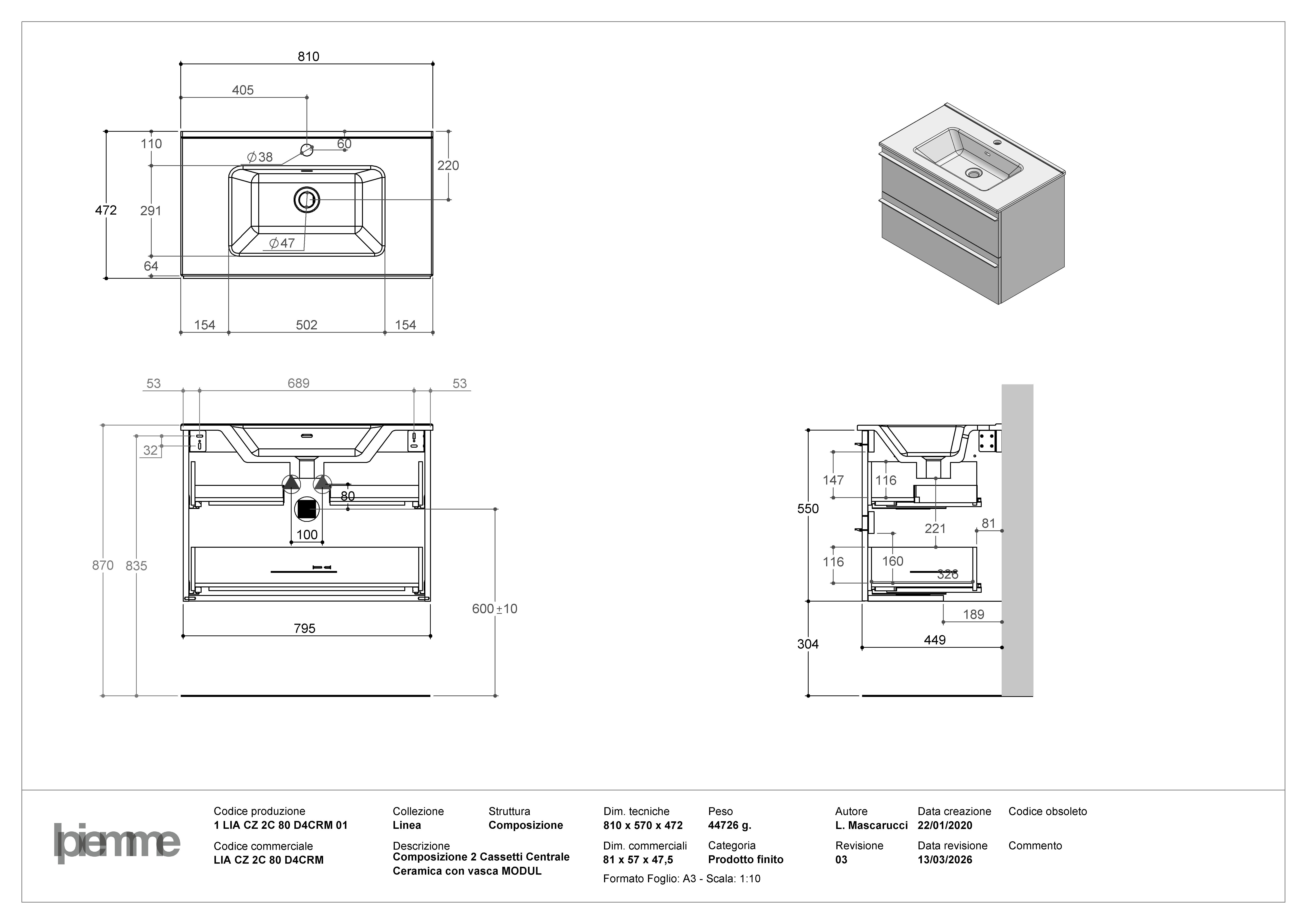 Mobile Linea L 80 H 55 P45 in laminato rovere natura 2 cassetti a chiusura ammortizzata e lavabo in ceramica vasca centrale - 10