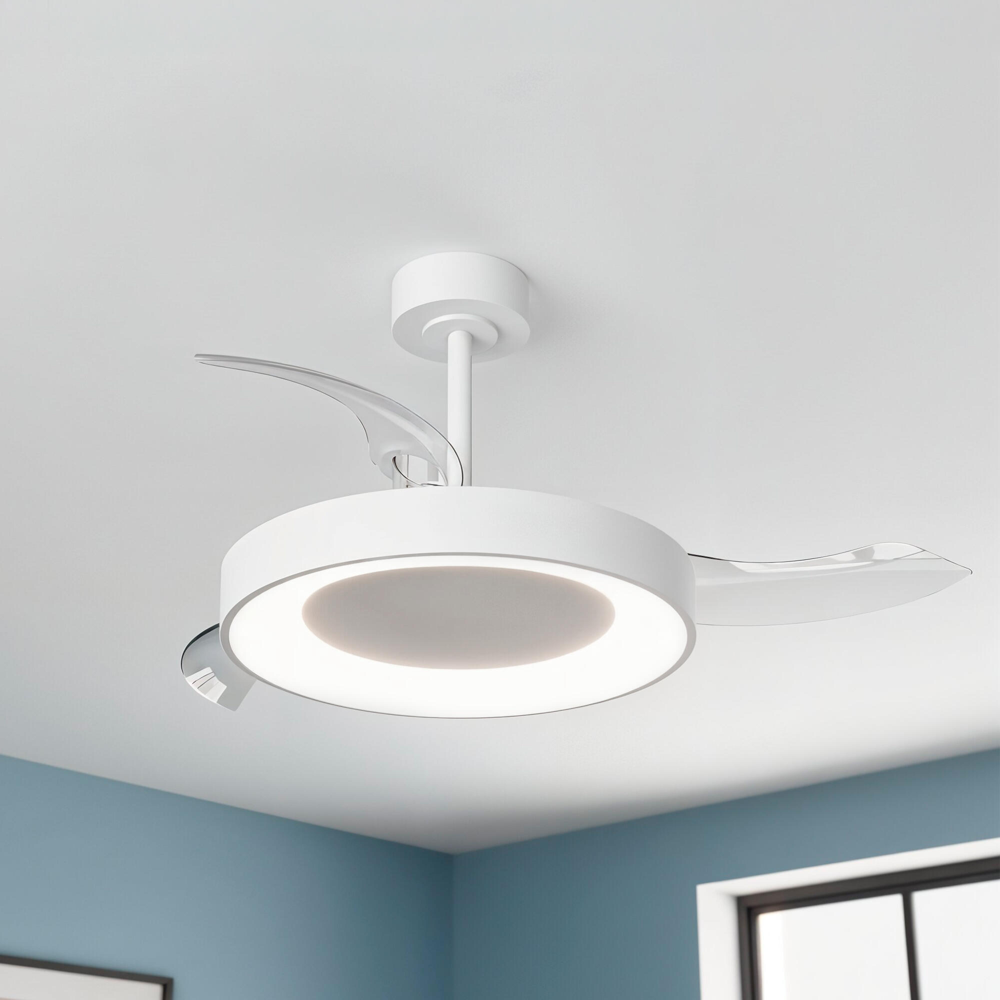 Ventilador de techo con luz silencioso DC 30W con mando ø106 cm Niseko MANTRA blanco luz CCT 3 aspas retráctiles tipo lámpara| 8 velocidades| modo verano/invierno| brisa| recomendado de 13 a 20m² - 5