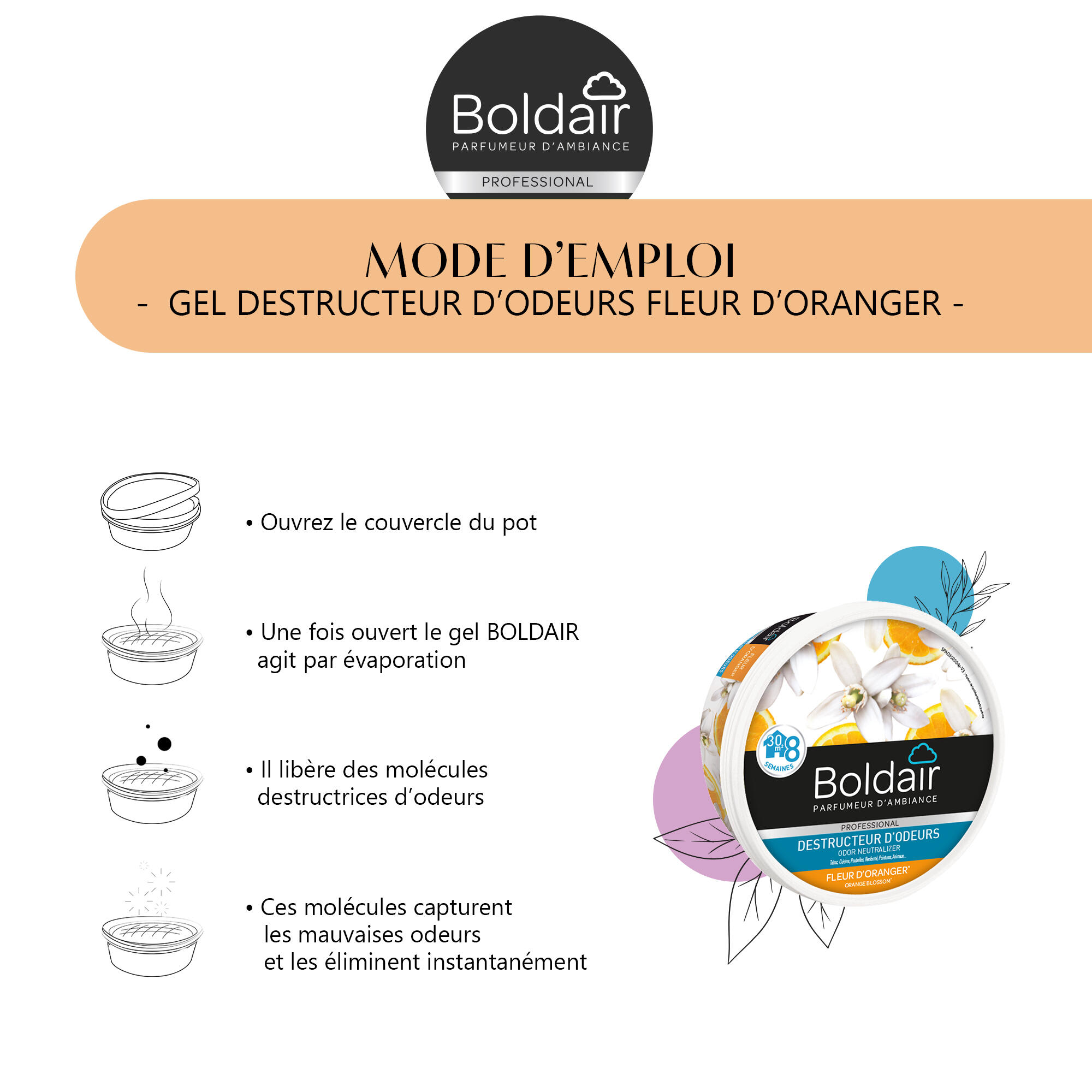 Destructeur d'odeur gel BOLDAIR fleur d'oranger 300g - 4