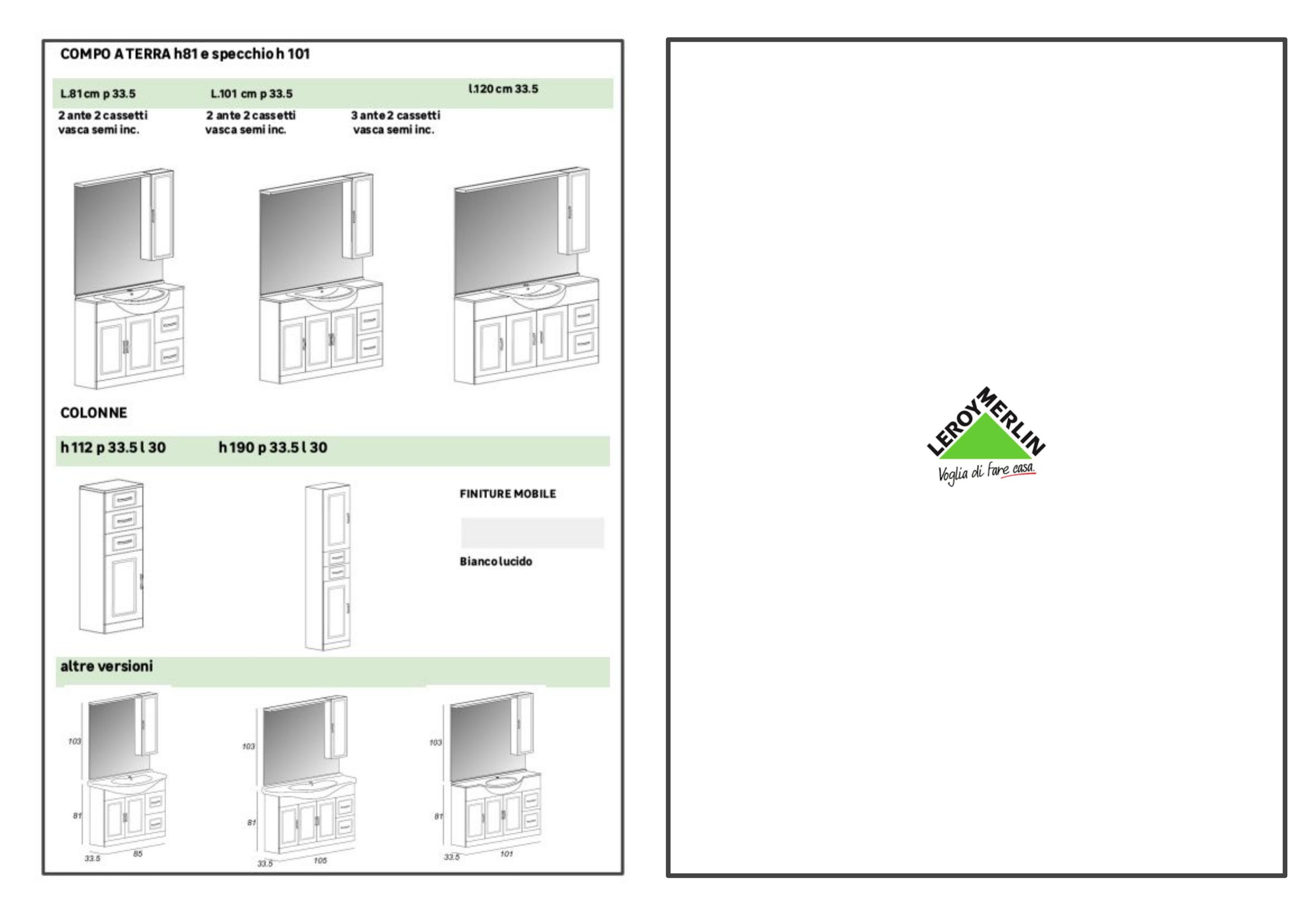 Mobile bagno da terra con lavabo semincasso L 101 x H 81 x P 33.5 cm bianco, 3 ante 2 cassetti per vasca centrale Paola, specchio filo lucido incluso, colonna venduta separatamente. - 6