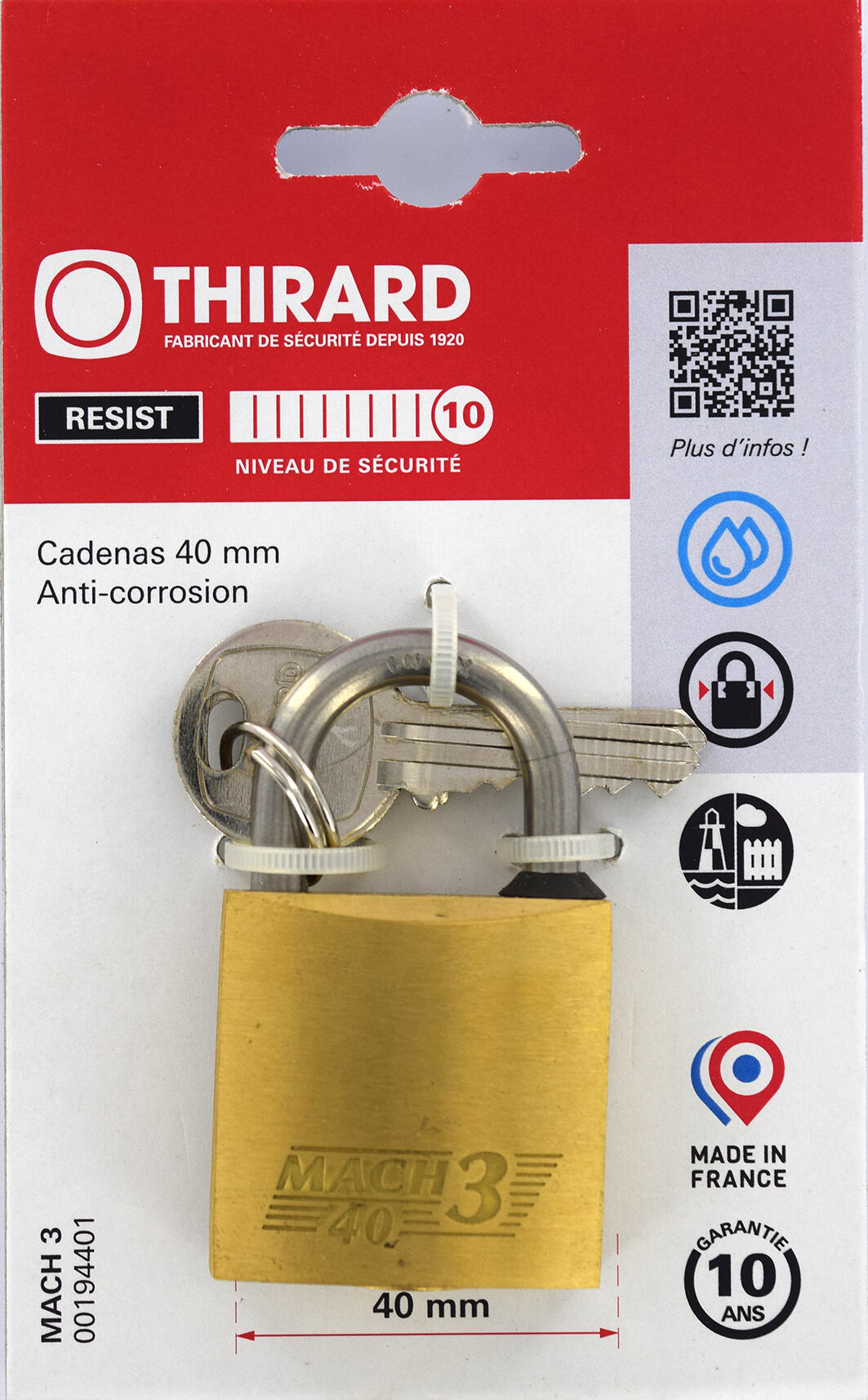 Cadenas à clé corps laiton 40 mm 2 clés  - THIRARD Mach 3 - 3