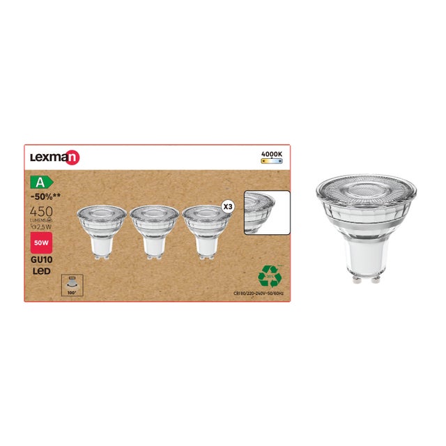 Set da 3 lampadine LED, GU10 faretto, trasparente, luce naturale, 2.5W = 450 LM (equiv 50 W) classe energetica A, LEXMAN