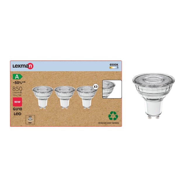 Zestaw 3 żarówek reflektorowych GU10 6500K 850 lm 4.7W Lexman Klasa A