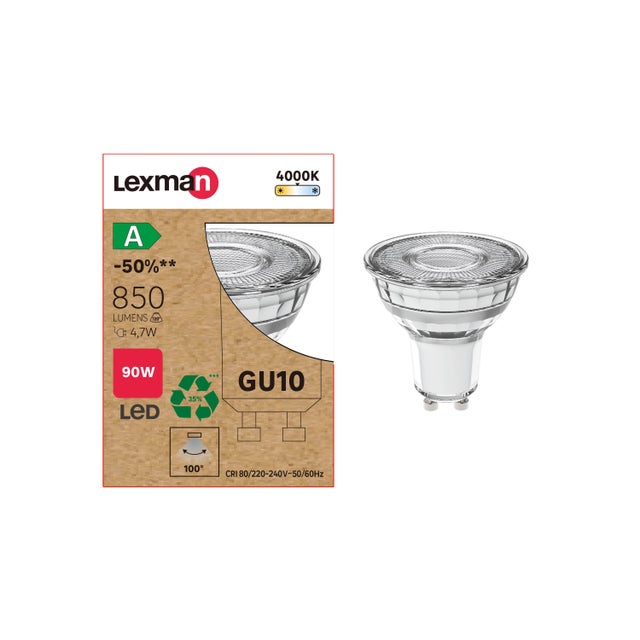 Bombilla LED GU10 forma dicroica 4.7W color de la luz blanco neutro 4000K CRI 80-89 luz natural y fiel clase energética A