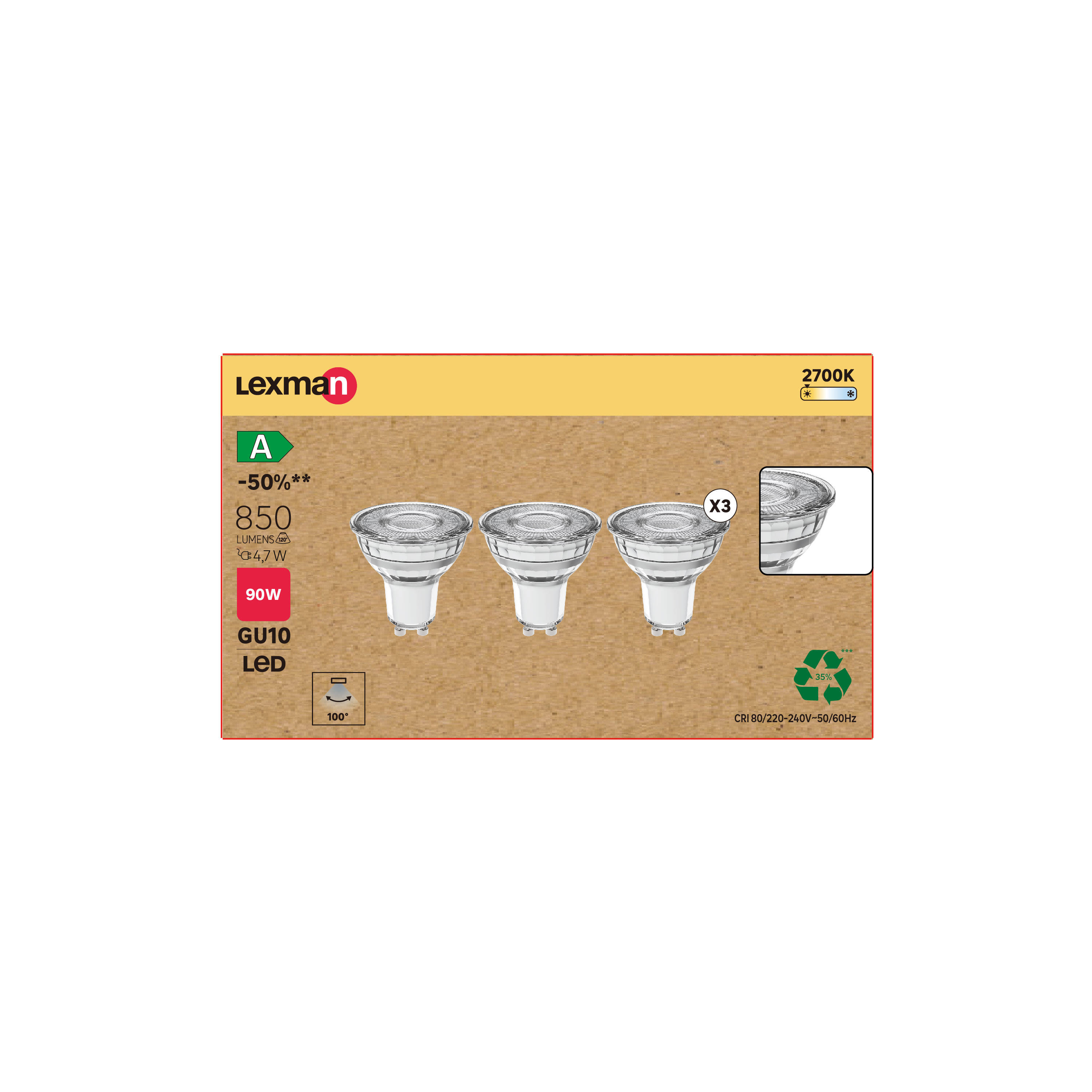 Pack de 3 bombillas LED GU10 clase A (mayor ahorro energético) forma dicroica 850 lúmenes 4.7W color de la luz blanco cálido 2700K CRI 80-89 luz natural y fiel - 3