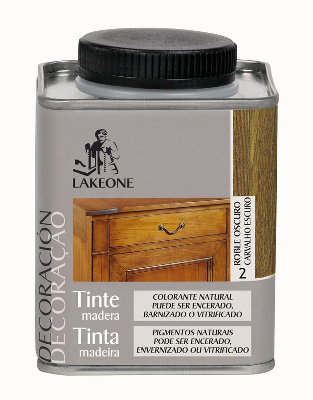 Tinte de madera interior LAKEONE en color roble oscuro, acabado brillante para mobiliario líquido de 225 ml. Base agua.