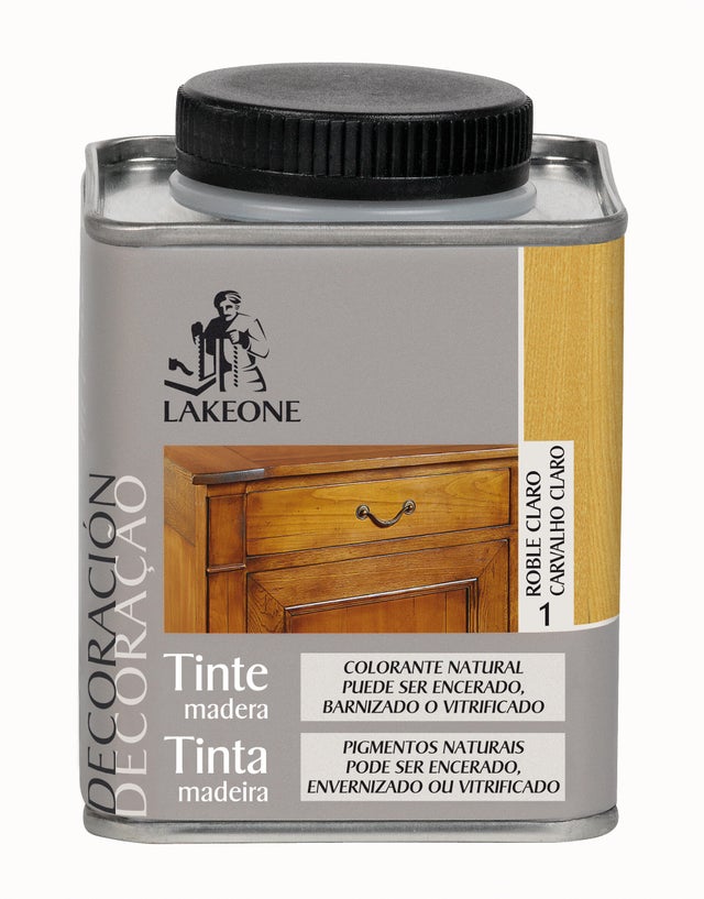 Tinte de madera interior LAKEONE en color roble claro, acabado brillante para mobiliario líquido de 225 ml. Base agua.