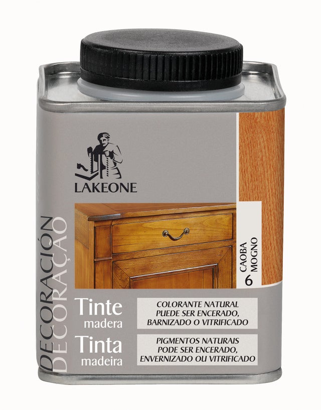 Tinte de madera interior LAKEONE en color caoba, acabado brillante para mobiliario líquido de 225 ml. Base agua.