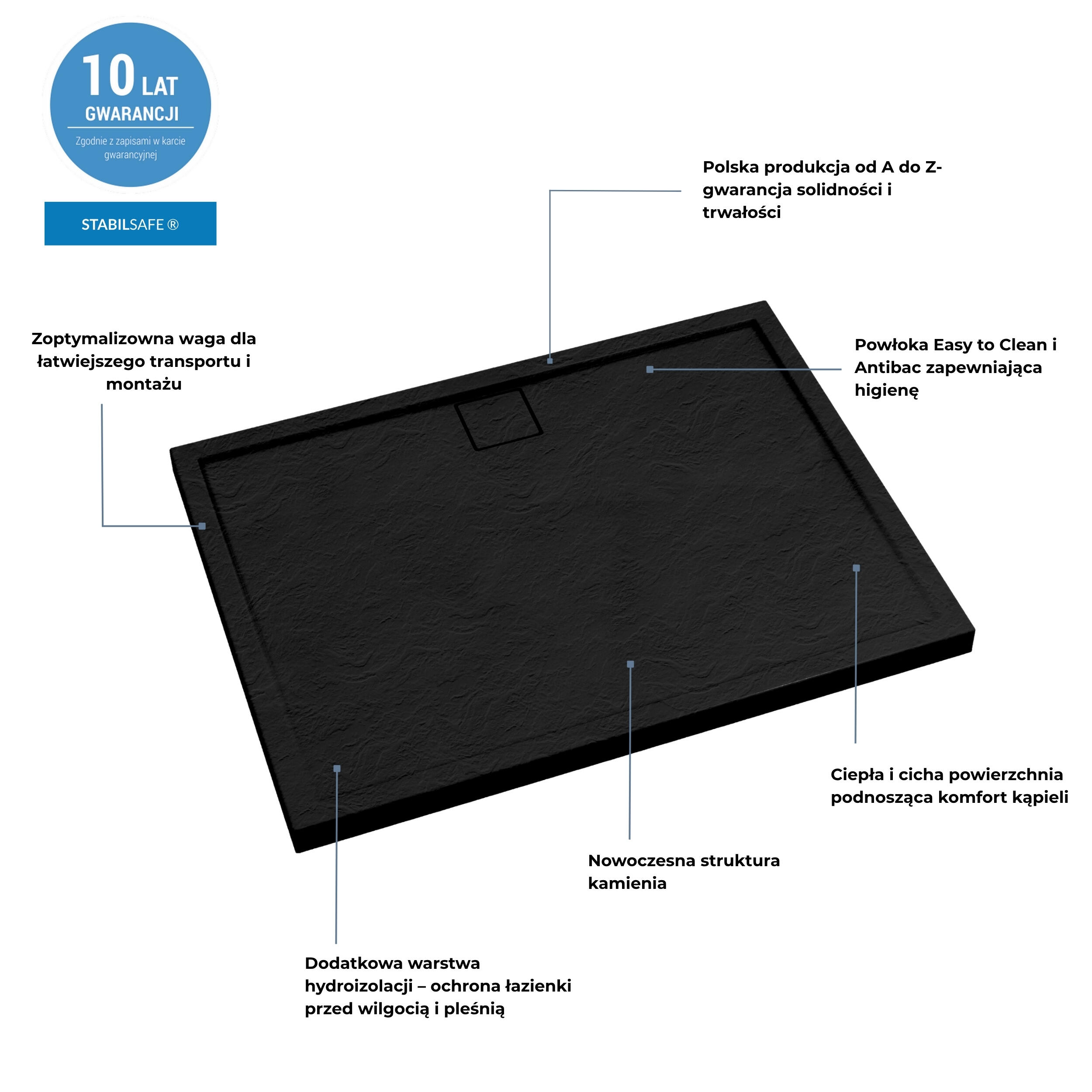 Brodzik prostokątny Schedpol Magnetic 80 × 140 x 5 cm czarny kamień - 8