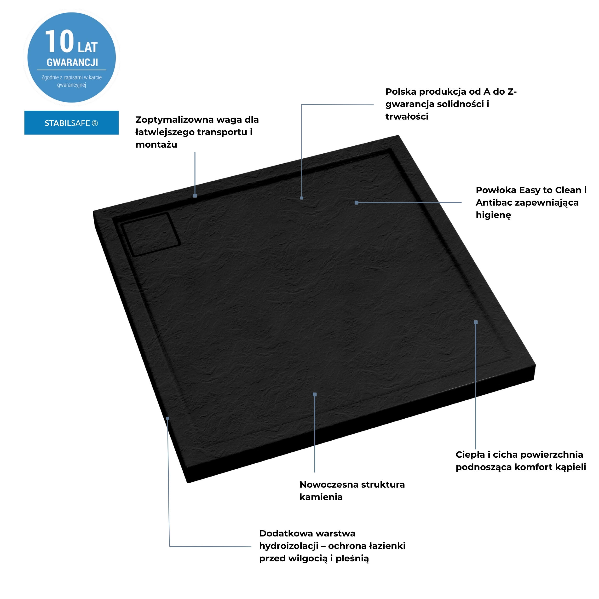 Brodzik kwadratowy Schedpol Magnetic 90 × 90 x 5 cm czarny kamień - 7