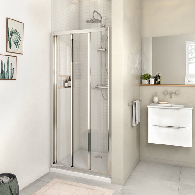 Porte de douche coulissante 3 panneaux transparent, chromé L.90 cm, Essential