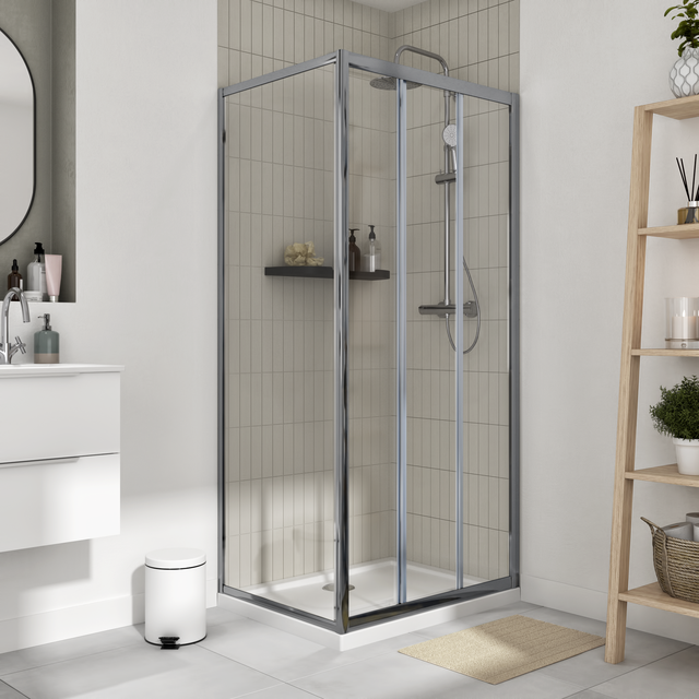 Mampara de ducha frontal 1 fijo + 2 puertas corredera transparente Essential perfil aluminio cromo (87-90)x185 cm cristal 4 mm cierre magnético con guía inferior marca Sensea
